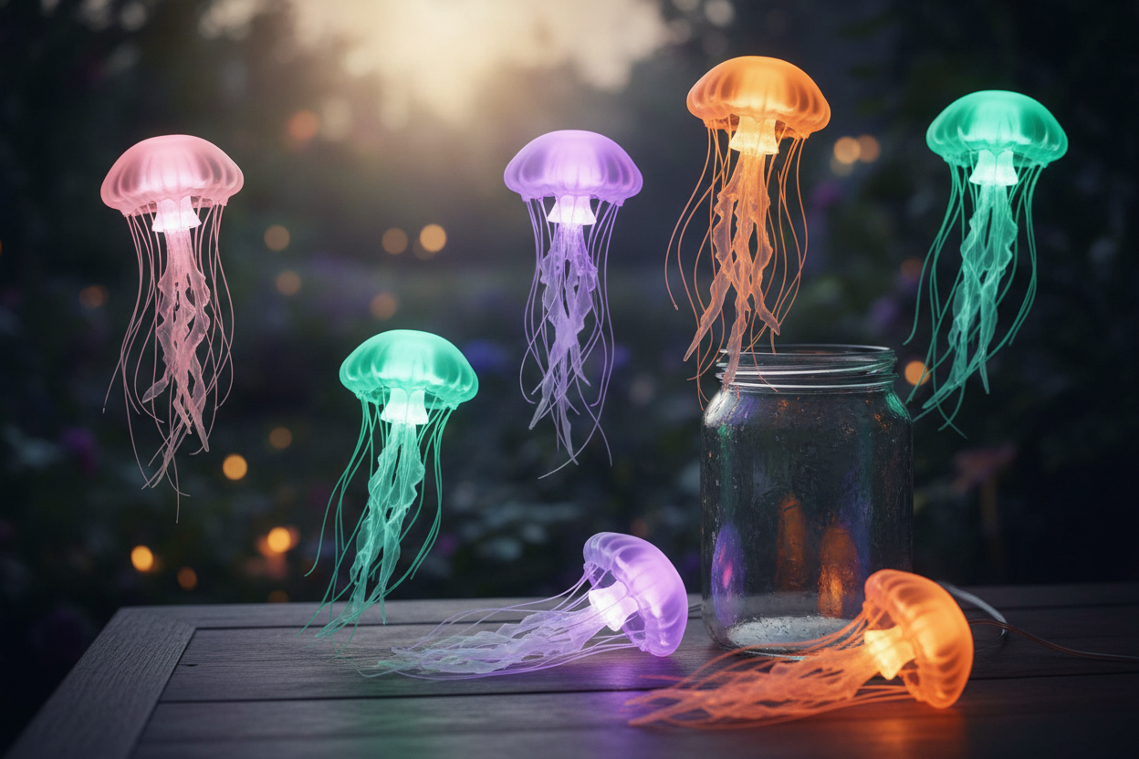 multi jelly fish lamp whit different color outside of a bocal